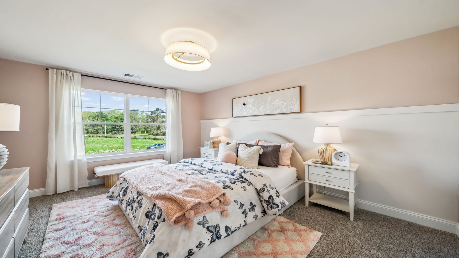 Secondary bedroom in Red Oaks showcases soft carpet, a single closet, window light, new flow of upstairs