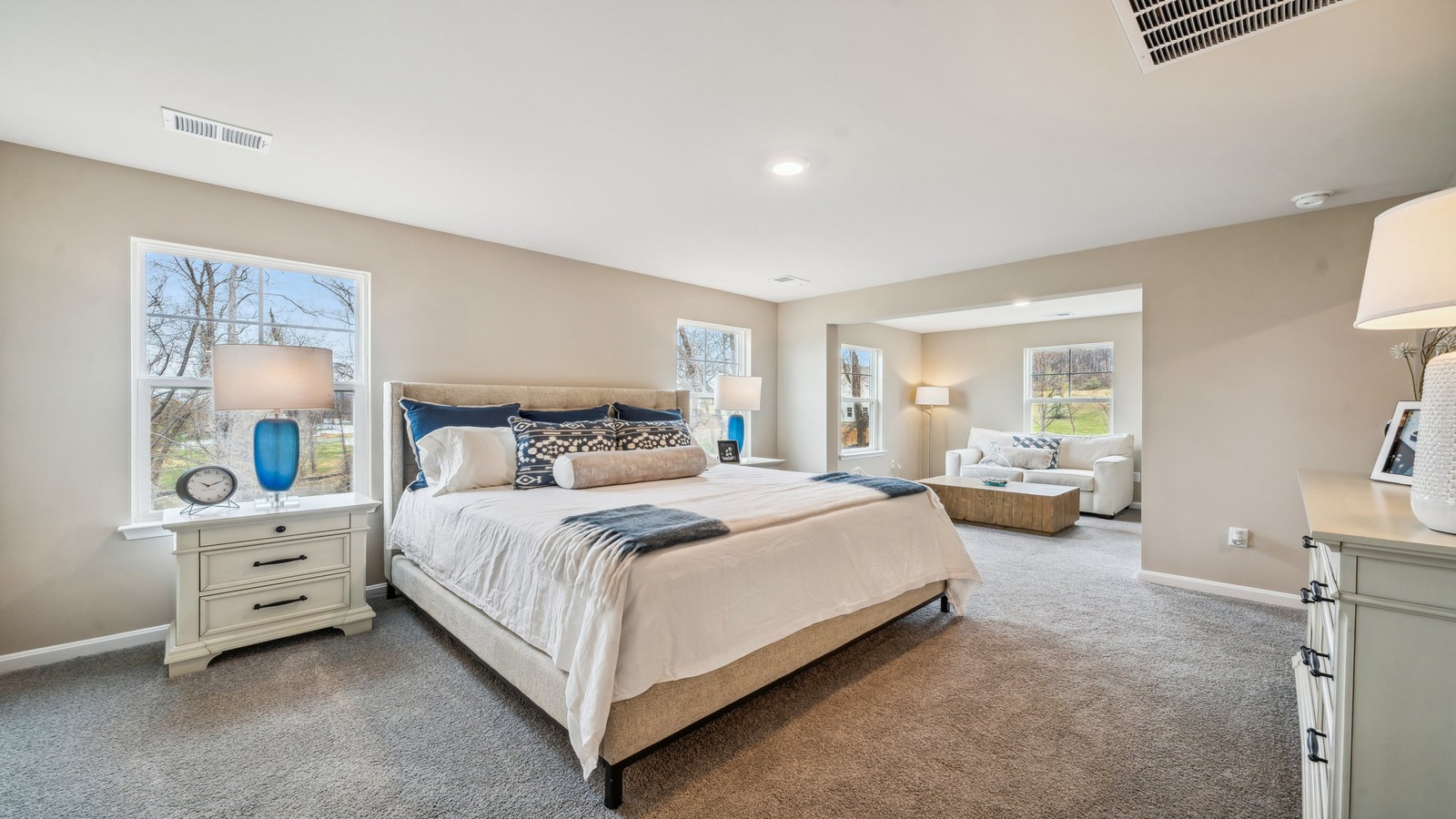 Bright and open owner's bedroom in Copper Grove at Harpers Mill overlooking the backyard, en-suite bathroom, Walk-in closet.