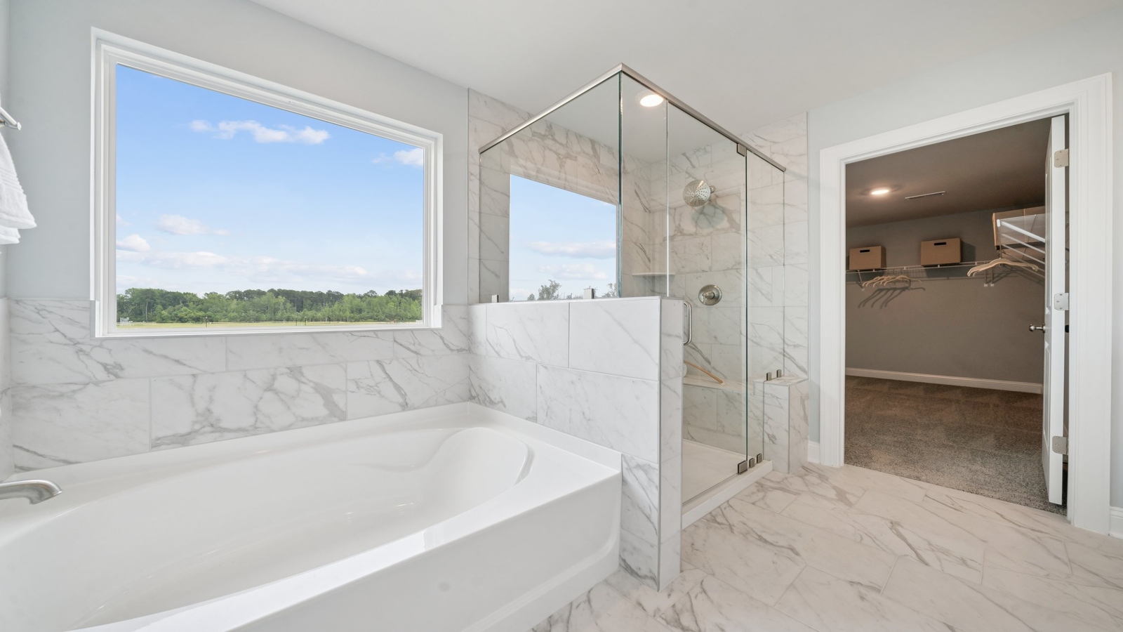 Our new home stylish ensuite design with a step-in shower, LED lighting, full-length vanity, and a walk-in closet