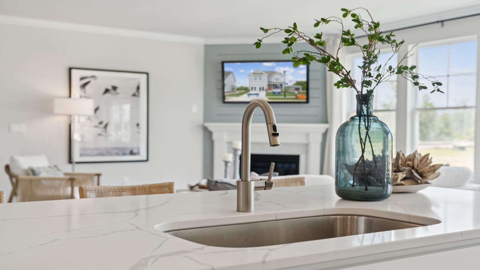 New Home kitchen with island-centric design, pantry, New Appliances, ample cabinet spaces, home connectivity near living area