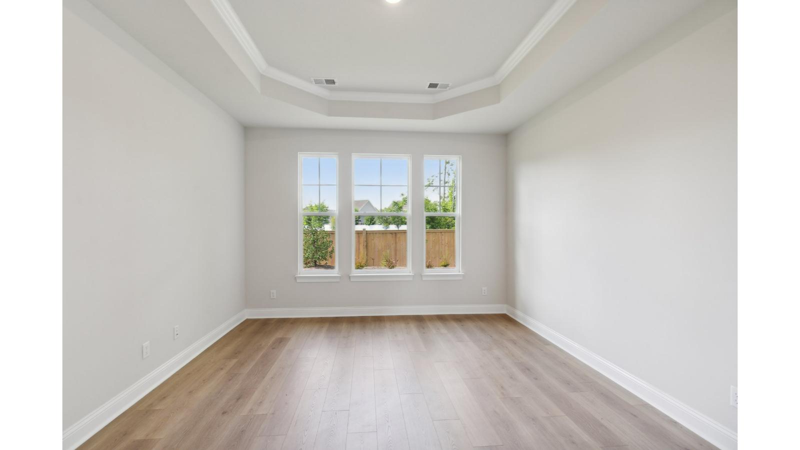 D.R. Horton’s New Home features a calm oasis, functional primary bedroom, walk-in closet, en-suite bath with recessed lighting.