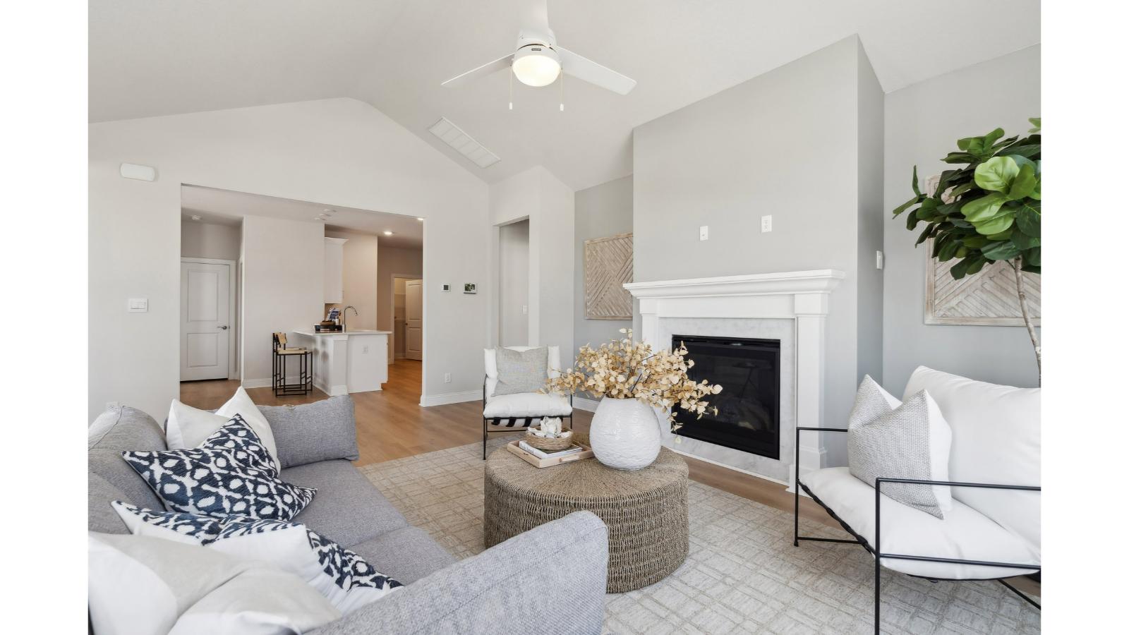 Living room built for daily living, entertaining with ample space, electric fireplace, simple Fresh Open Concept designs