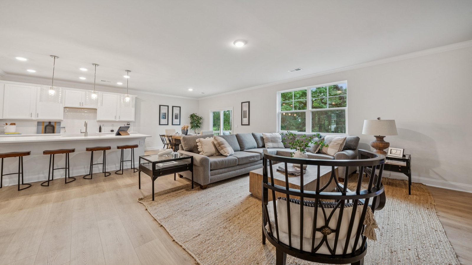 New Home living room includes Modern Design elements, functional home connectivity for flexible layouts