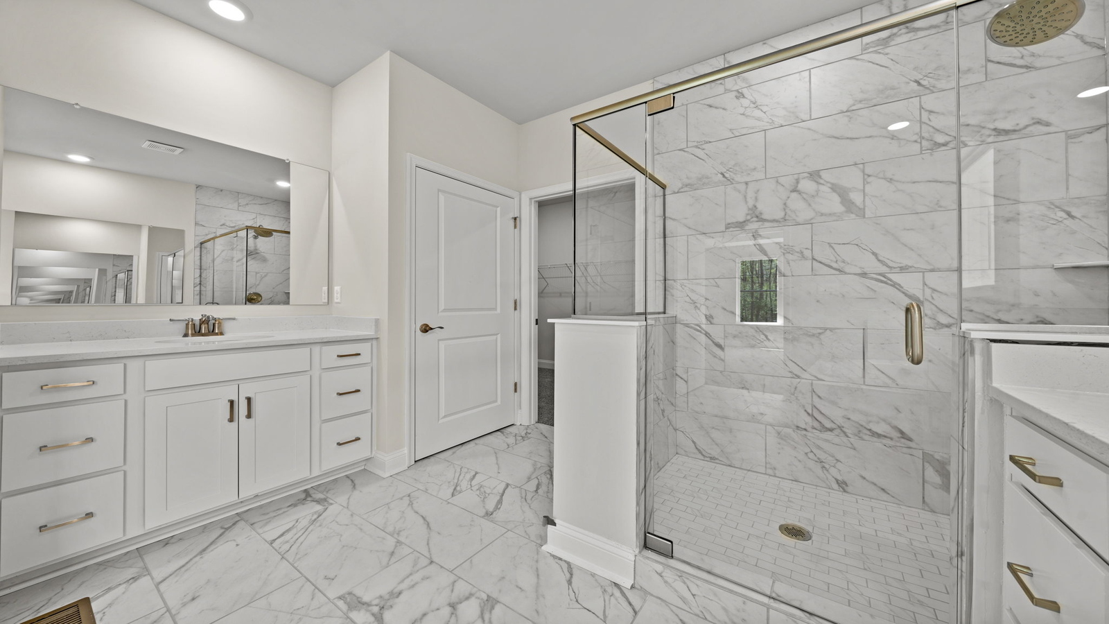 Our new home stylish ensuite design with a tub, step-in shower, LED lighting, full-length vanity, and a walk-in closet
