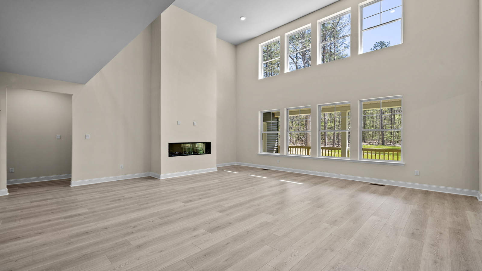 Grand two-story living space off the front foyer in Maidens Farm, fresh open design, electric fireplace