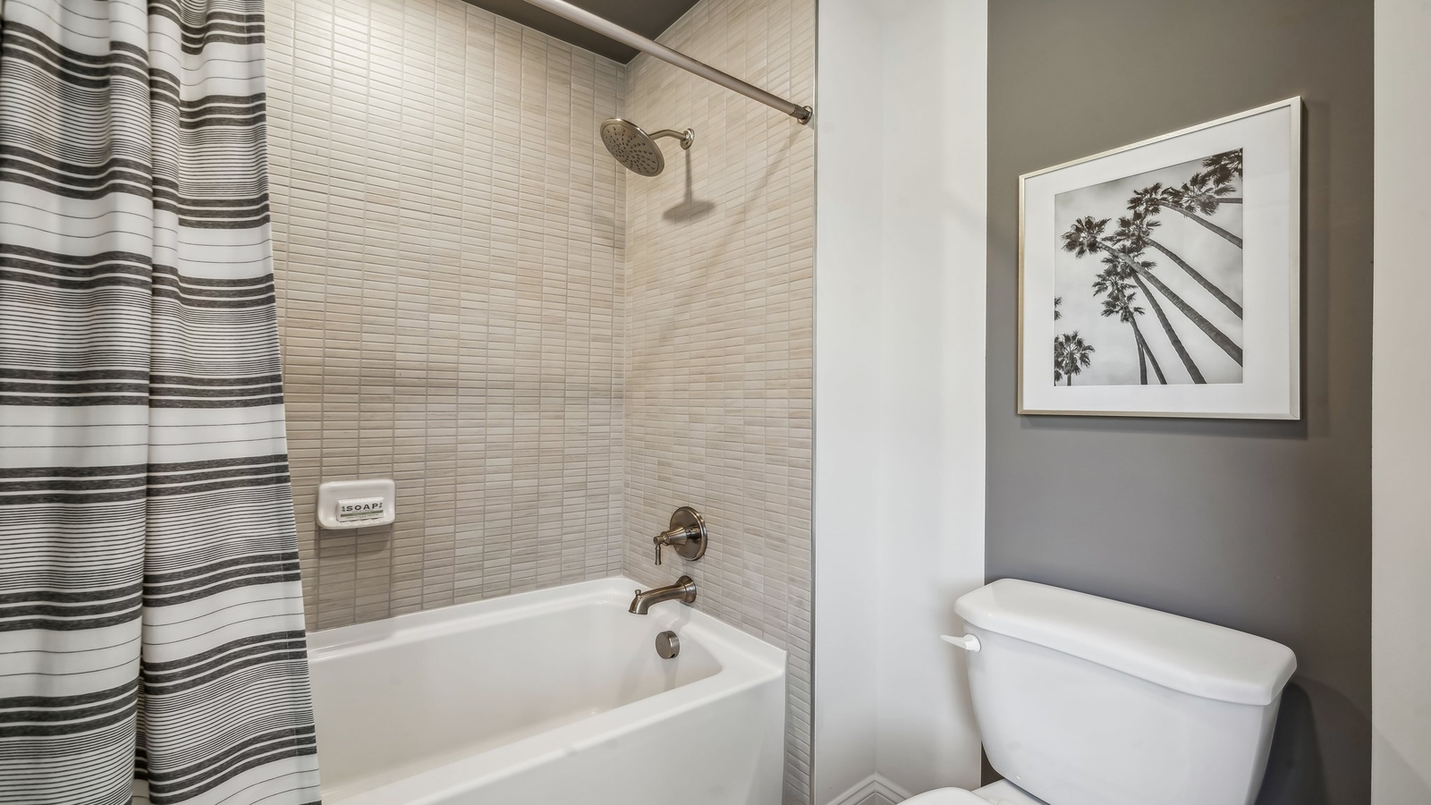 Full secondary bathroom with tub - shower combo, vanity, with fresh designs at Maidens Farm