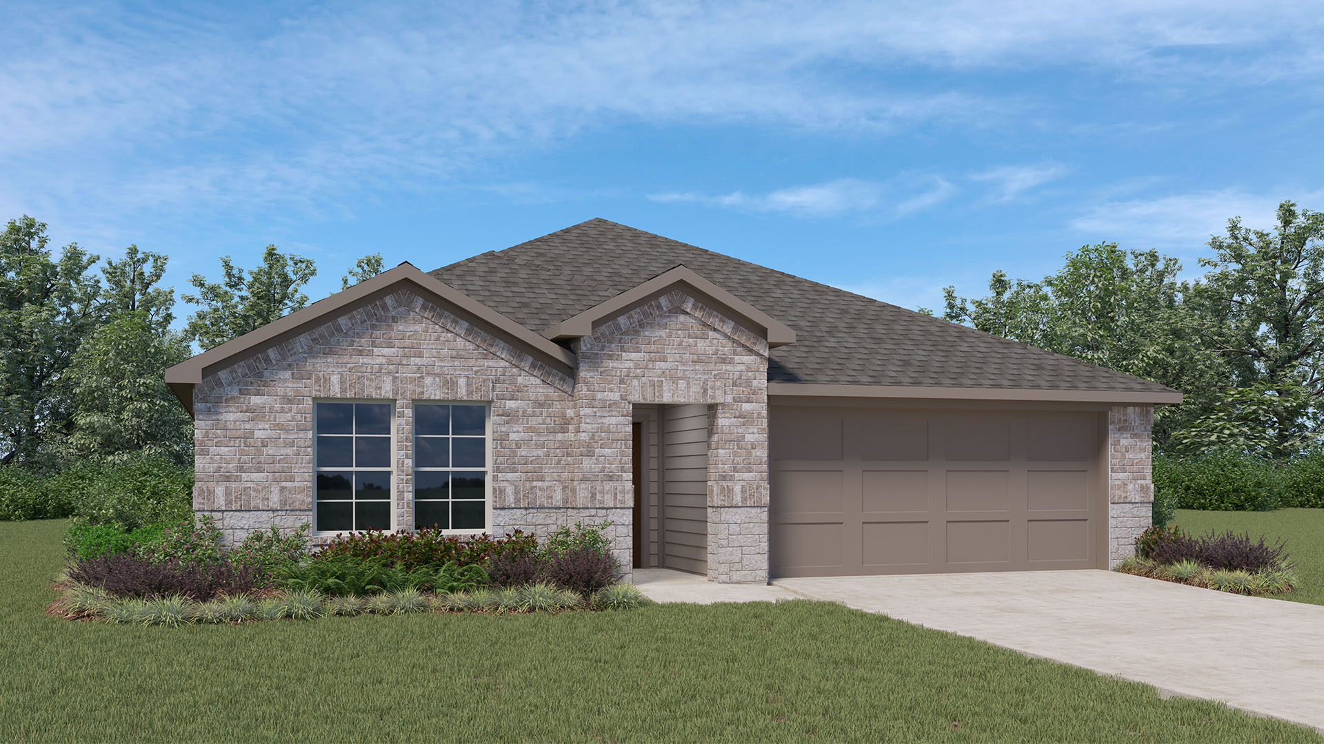 single family one story home with two car garage