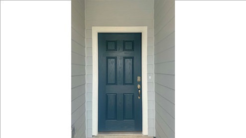 entryway with Sherwin Williams North Star siding and Outerspace front door
