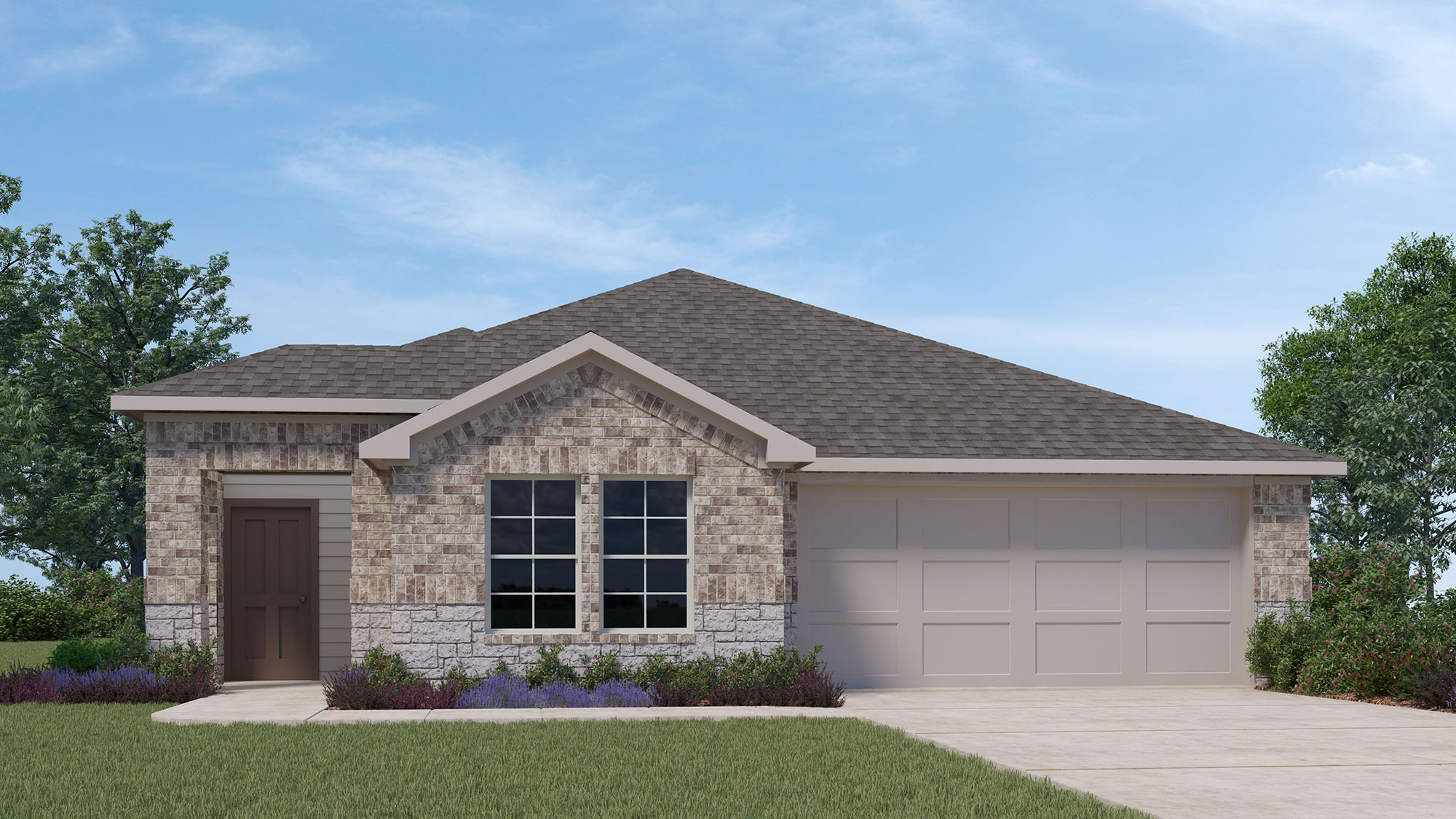 Single family one story home with brick and two car garage