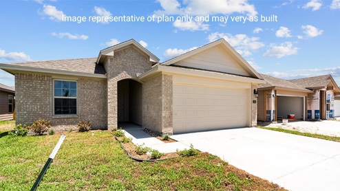 A single-story mixed brown brick house, with a landscaped front yard, and a two-car garage.
