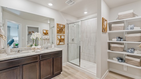 An ensuite bathroom with wood-look flooring, a full tile walk-in shower, a large dual sink vanity, built-in shelving, and boho decor.