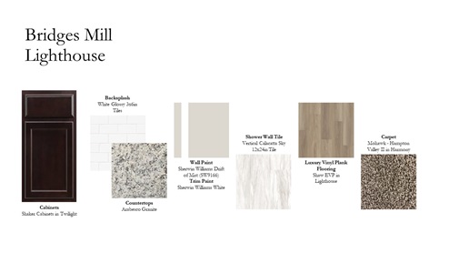 A Lighthouse color board with brown shaker cabinets, granite countertops, white backsplash, white shower tile, wood-look flooring, and multicolored carpet.