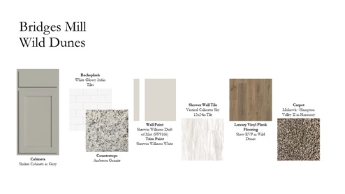 A Wild Dunes color board with gray shaker cabinets, granite countertops, white backsplash, white shower tile, wood-look flooring, and multicolored carpet.