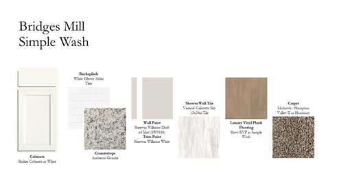 A Simple Wash color board with white shaker cabinets, granite countertops, white backsplash, white shower tile, wood-look flooring, and multicolored carpet.
