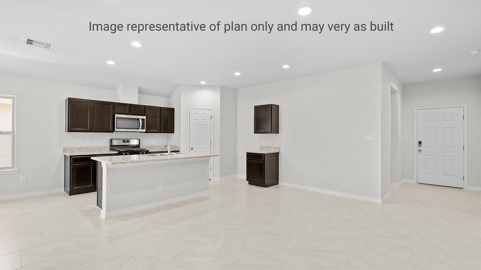 Baxtor Plan- Living room looking to dining and kitchen areas in this new home features natural light, with fresh open concept flow