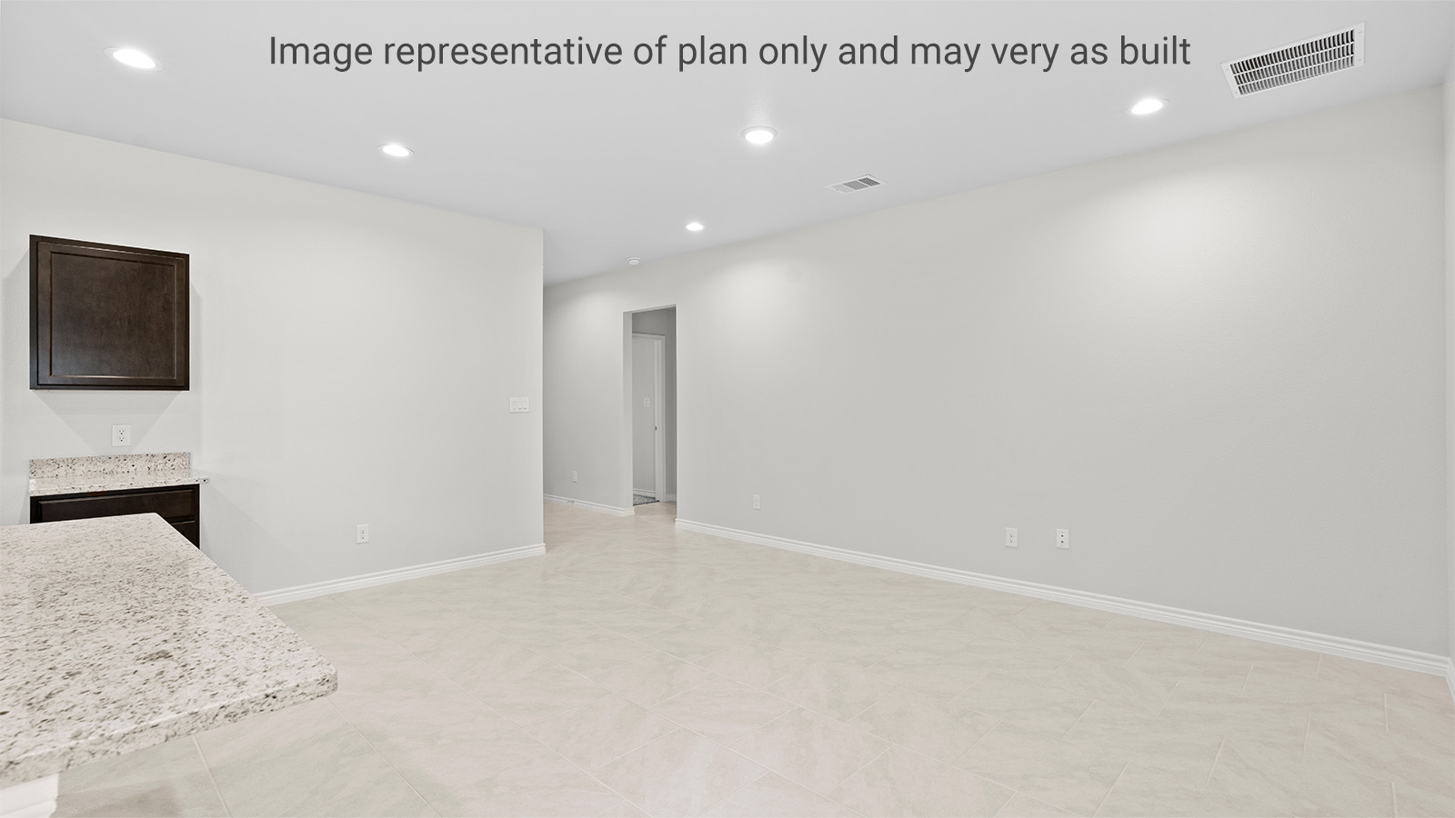 Baxtor Plan-Living room looking into the back yard is near dining and kitchen areas in this new home features natural light