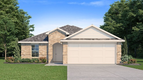 A single-story mixed brown brick house rendering, with white trim and white siding, a landscaped front yard, and a two-car garage.