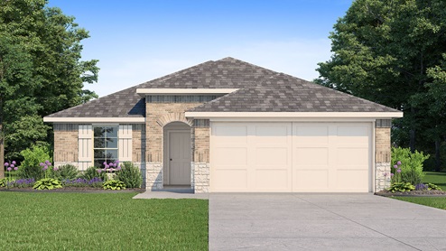 A single-story mixed tan brick house rendering, with white trim and white stone detail, white shutters, a landscaped front yard, and a two-car garage.