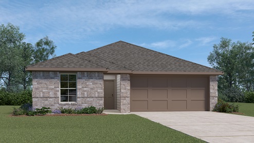 A single-story mixed brick house rendering with brown trim, a landscaped front yard, and a two-car garage.