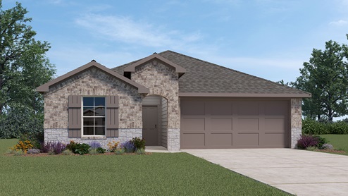 A single-story mixed brown brick house rendering with white stone detail, brown trim, and brown shutters, with a landscaped front yard, and a two-car garage.