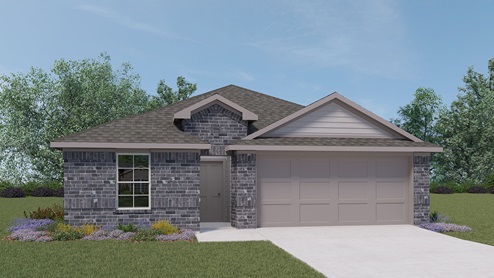A single-story mixed brown brick house rendering with brown trim, a landscaped front yard, and a two-car garage.