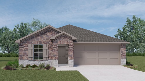A single-story mixed brown and red brick house rendering with white stone detail, tan trim, and tan shutters, with a landscaped front yard, and a two-car garage.