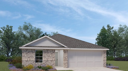 A single-story light brown brick house rendering with white trim and white siding, a landscaped front yard, and a two-car garage.