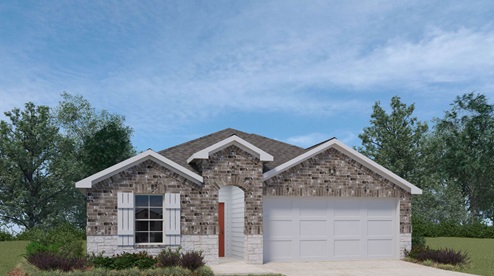 A single-story mixed brown brick house rendering with white stone detail, white trim, and white shutters, with a landscaped front yard, and a two-car garage.
