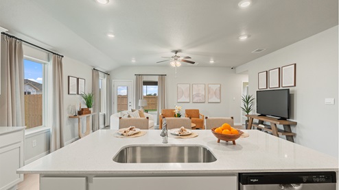 Kitchen with large island with view of the living and and dining area.