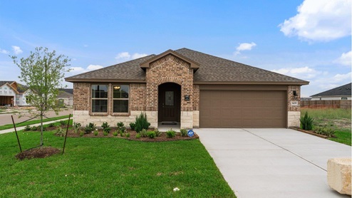 Front exterior one story Empire home with light brown brick and light stone, brown paneling, and brown siding with brown two-car garage and driveway in the front.