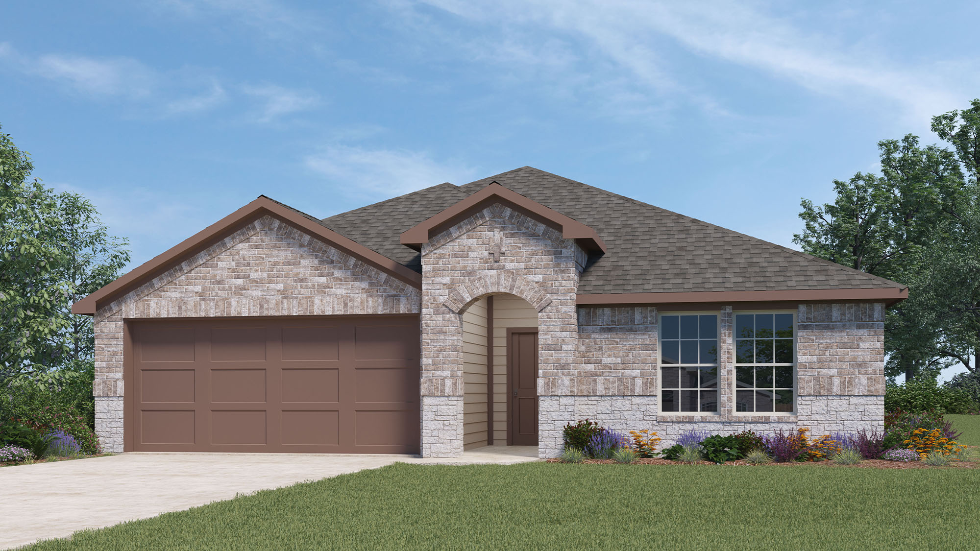 Single family one story home with brick and two car garage