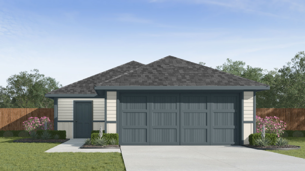 Blue and white single family home with two car garage
