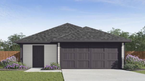 White and gray single family home with two car garage