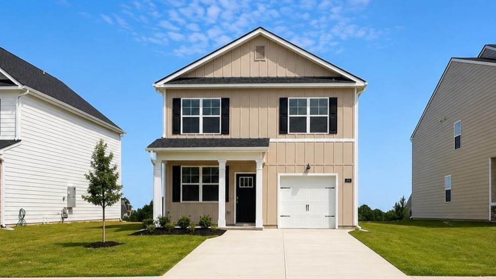 Two story tan home with one-car garage.