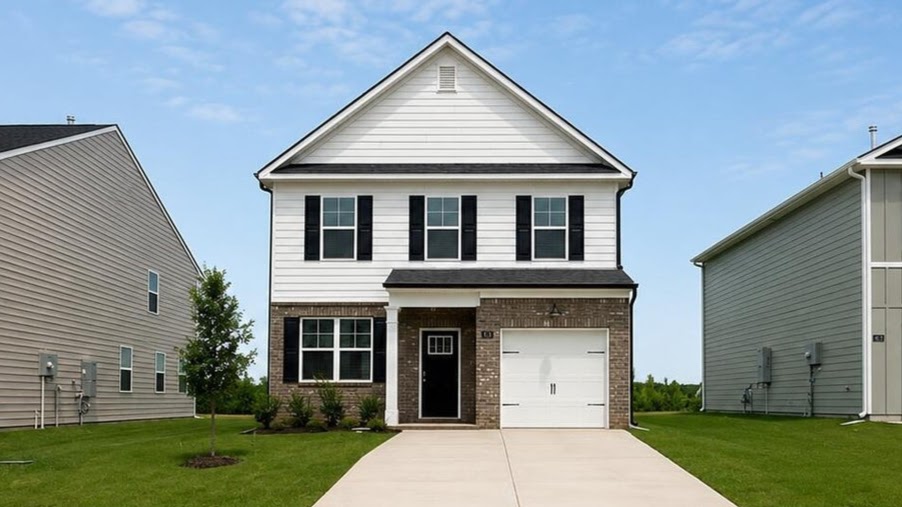 Two story home with brick trim and one-car garage