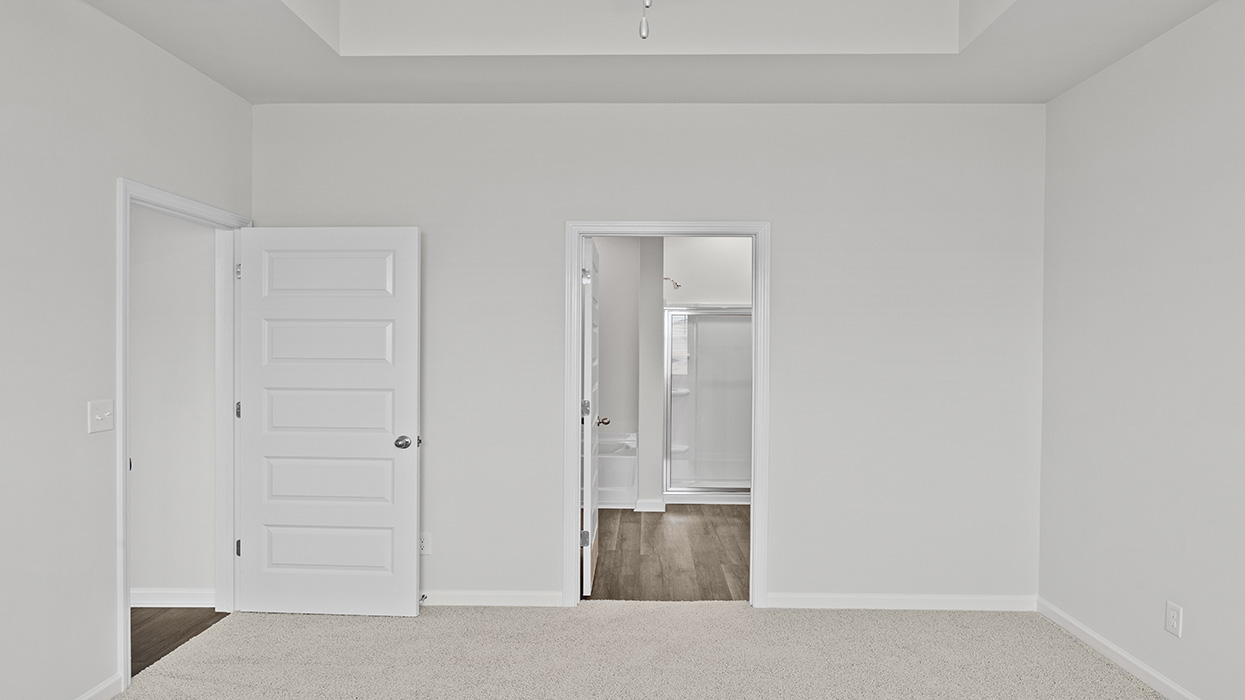 Primary bedroom with tray ceilings, ceiling fan, and carpeting.