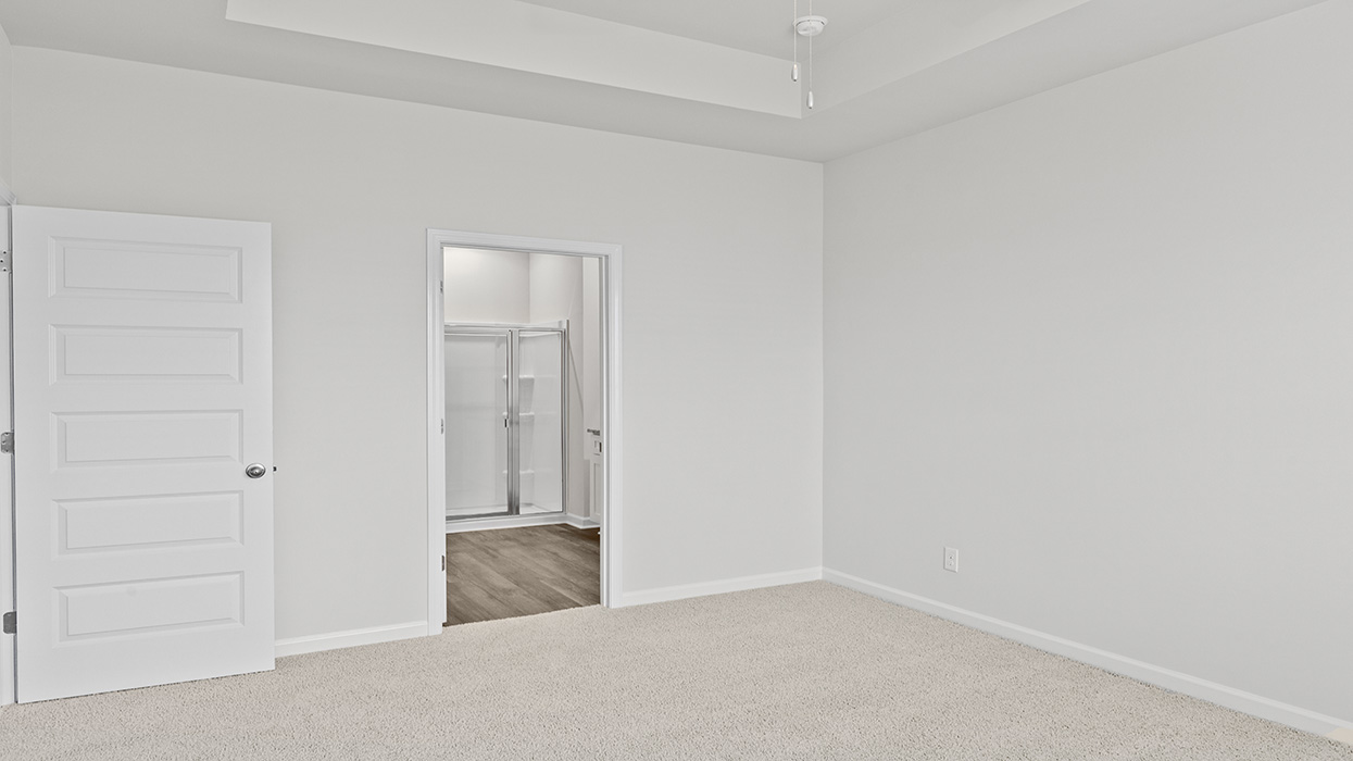 Primary bedroom with tray ceilings, ceiling fan, and carpeting.