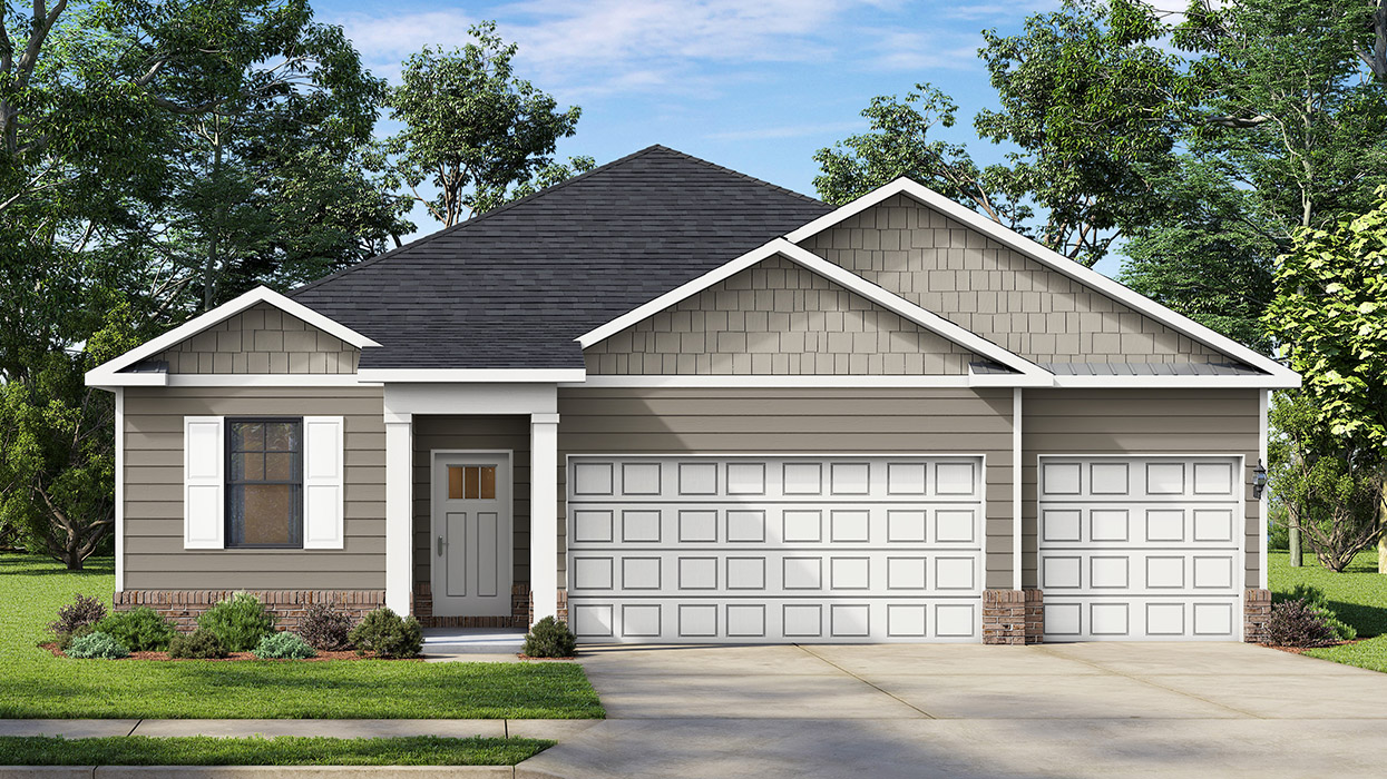 Rendering of the Mulberry, a ranch plan featuring a 3 car garage.