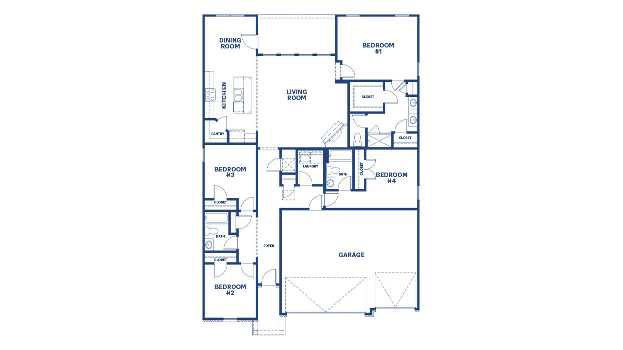 Floorplan rendering of the Mulberry, a ranch plan with a 3-car garage.