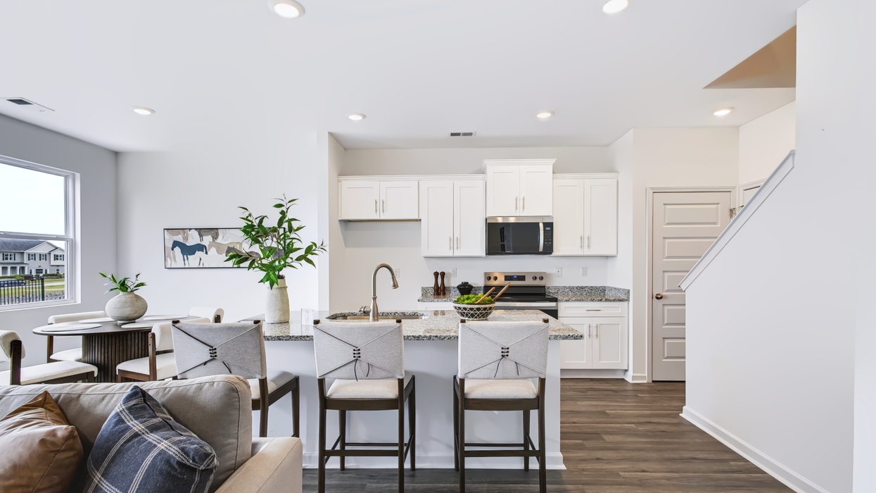 Modern kitchen Open plan with modern kitchen overlooking the living and dining areawith grey shaker cabinets overlooking dining and living area.