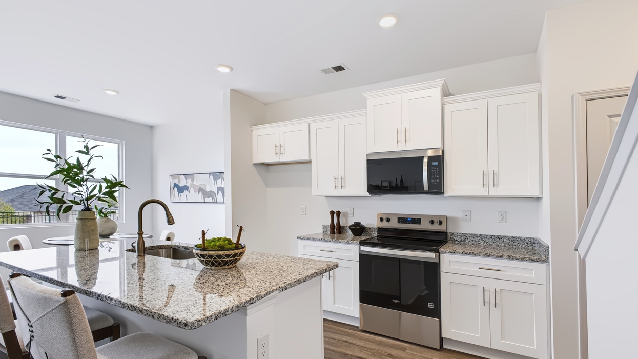 Modern kitchen Open plan with modern kitchen overlooking the living and dining areawith grey shaker cabinets overlooking dining and living area.