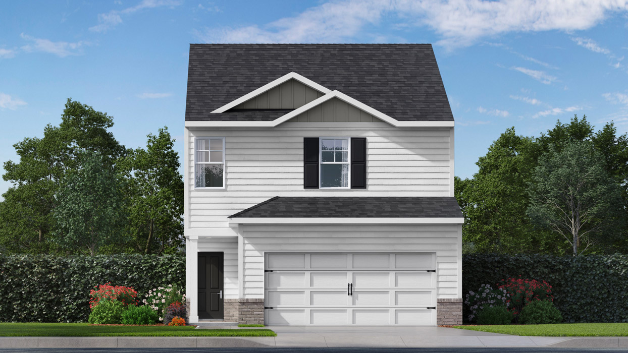 Rendering of two story townhome with two car garage