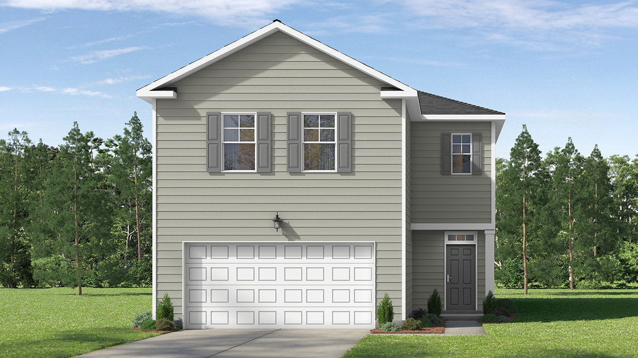 Rendering of two story sage green home with two car garage