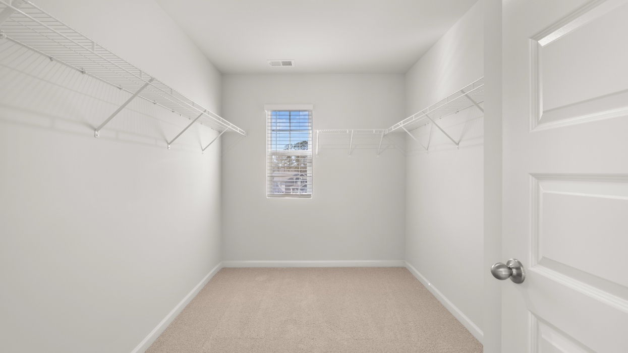 Huge primary closet with shelving and window.