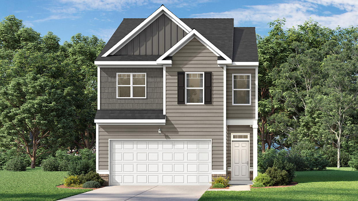 Rendering of 2-story grey house with two car garage