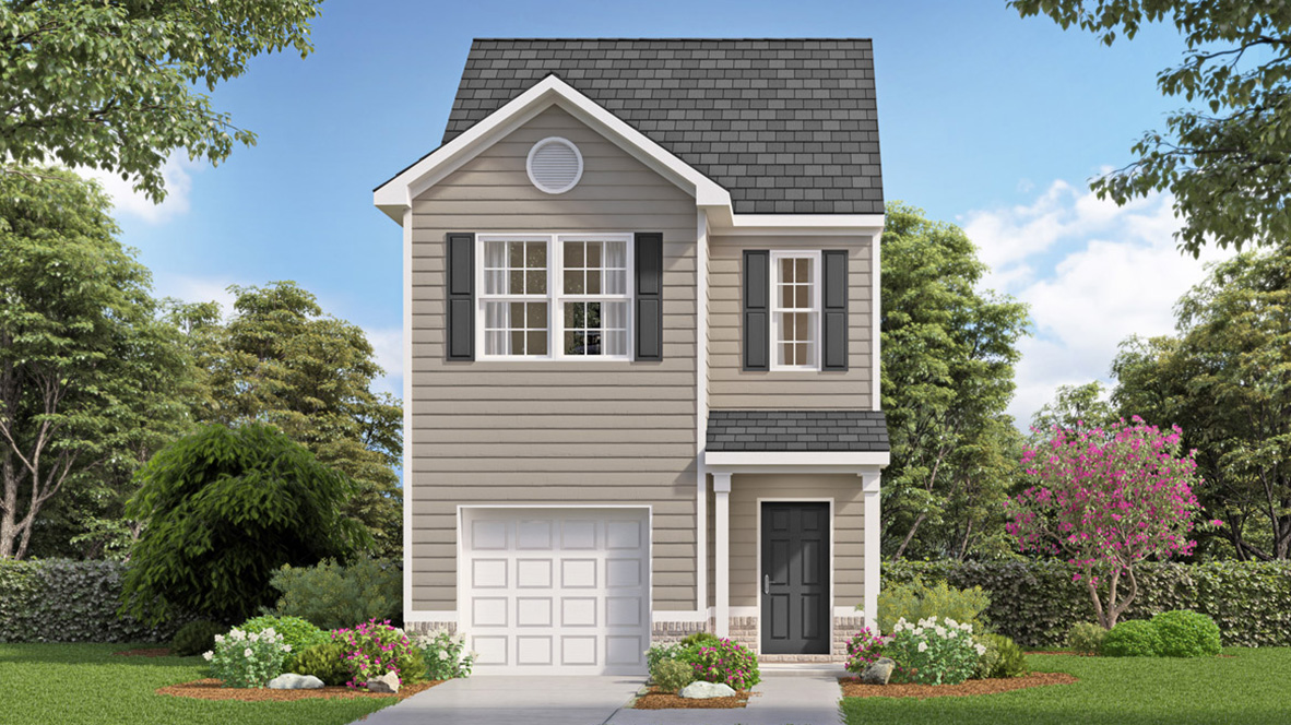 Rendering of two-story townhome with one car garage