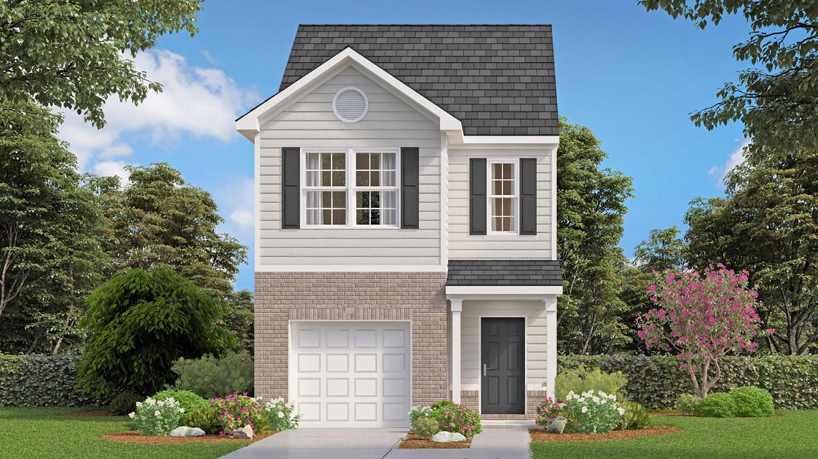 Rendering of two-story townhome with one car garage