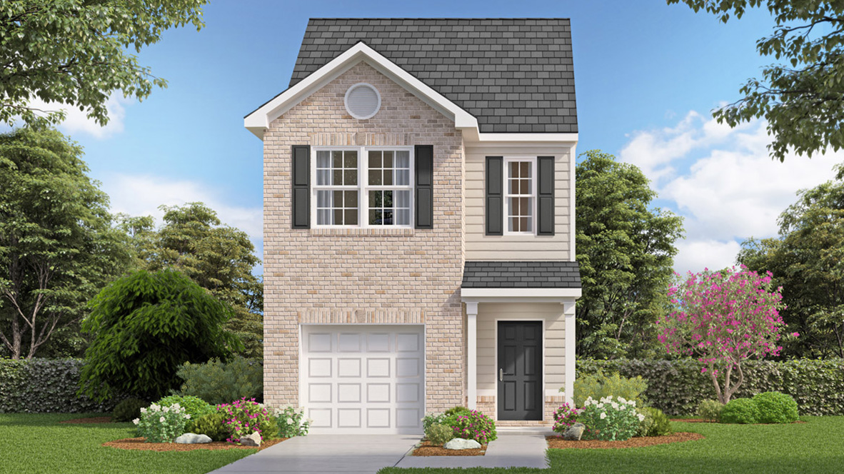Rendering of two-story townhome with brick accents and one car garage