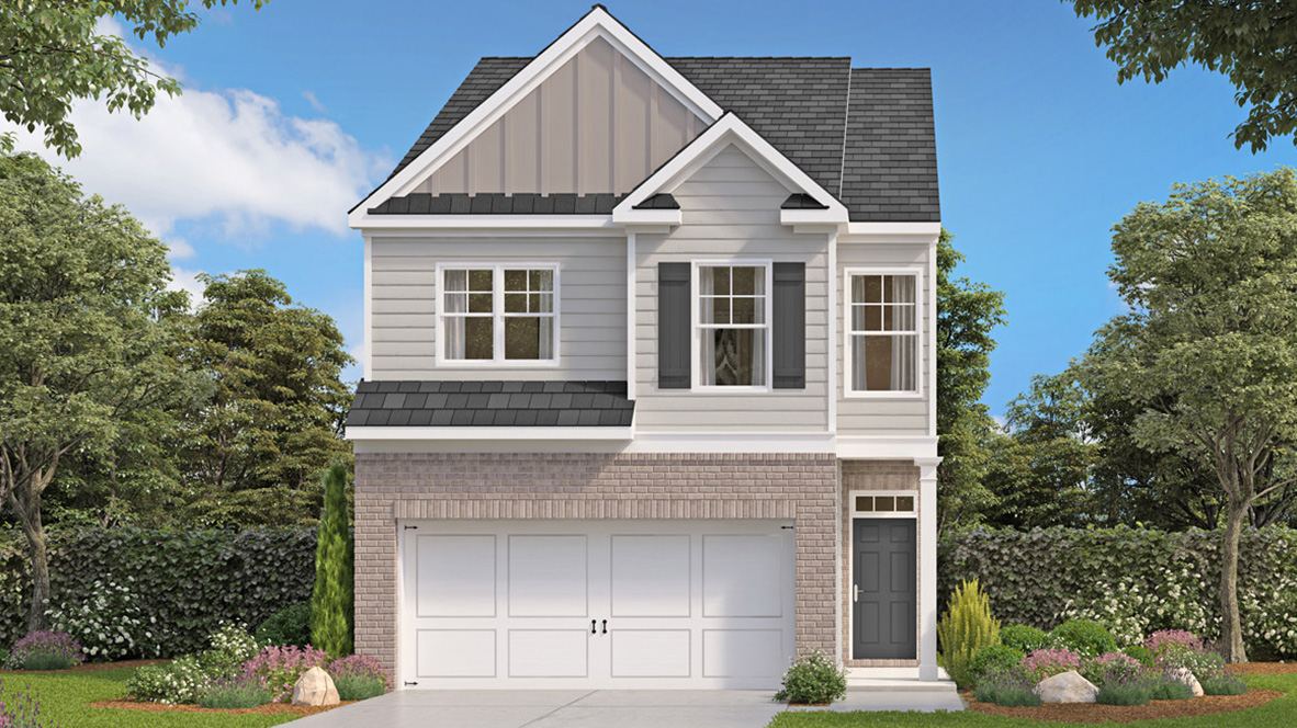 Rendering of two-story townhome with brick accents and two car garage