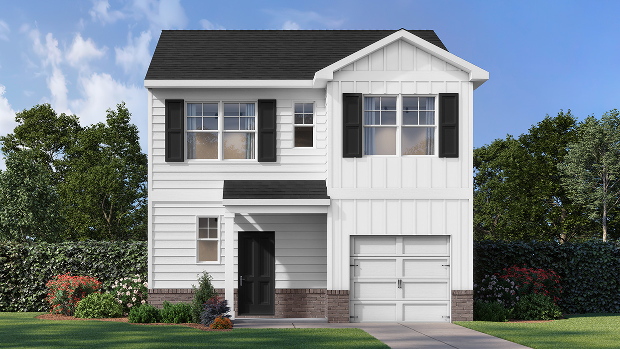 Rendering of two-story townhome in white with one car garage